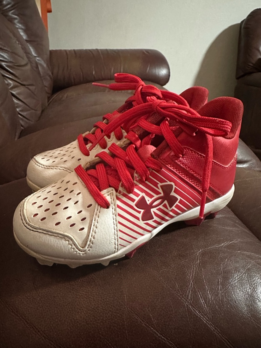 Under Armour Kids' size12 Red and White Cleats - Lightweight Athletic Shoes